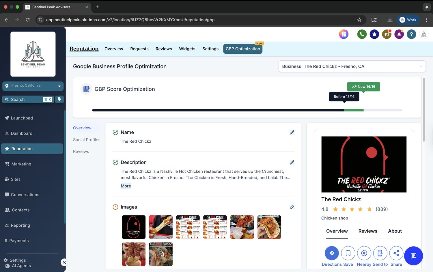 The Red Chickz Google Business Profile optimization score and 4.8-star rating