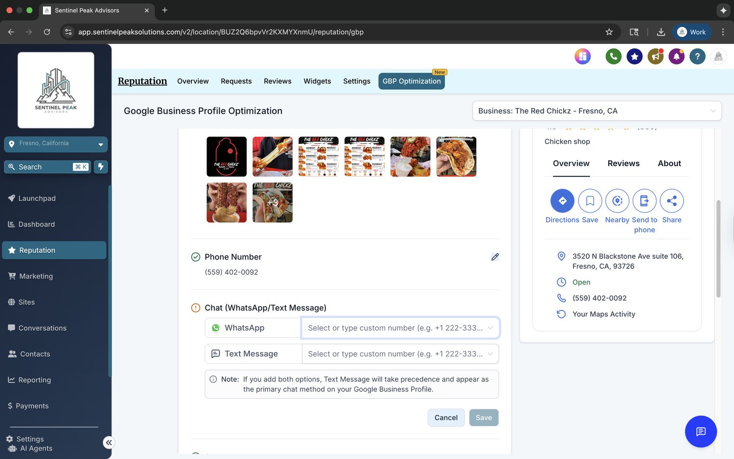 The Red Chickz Google Business Profile contact and chat setup